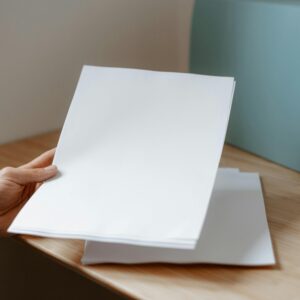Crop anonymous person demonstrating empty sheet of paper against wooden table with folder for documents