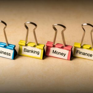 Close-up of binder clips with labels for business, banking, money, and finance concepts.