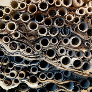 Close-up view of stacked rolled paper tubes, showcasing texture and patterns.