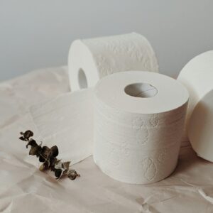 Three toilet paper rolls on craft paper with eucalyptus, showcasing minimalist home essentials.